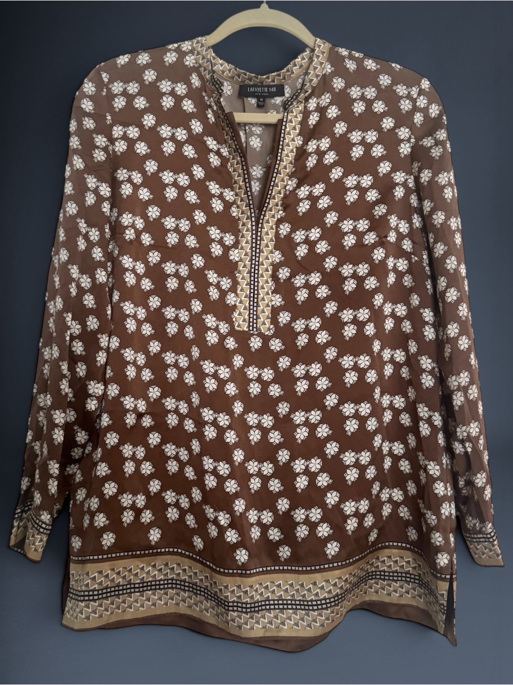 Lafayette 148 New York 100% Silk Printed Tunic Blouse Brown Ivory Medium
